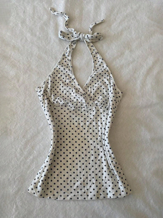 IslaSuriya Women's Digital Print Halter Neck Tie Back Tank Top With Polka Dot Print