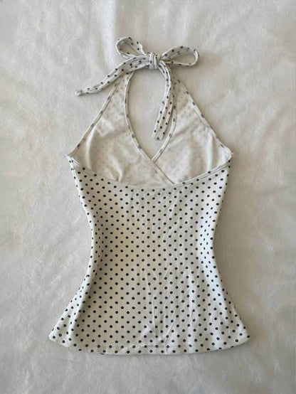IslaSuriya Women's Digital Print Halter Neck Tie Back Tank Top With Polka Dot Print