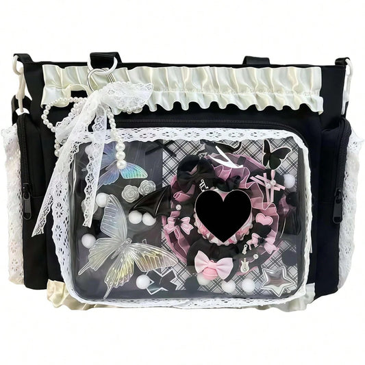 Ita Crossbody Tote Bag, Pin Display With Insert Large Messenger Bag, Cute Tote Bag With Zipper Ruffle, Japanese Aesthetic Y2k