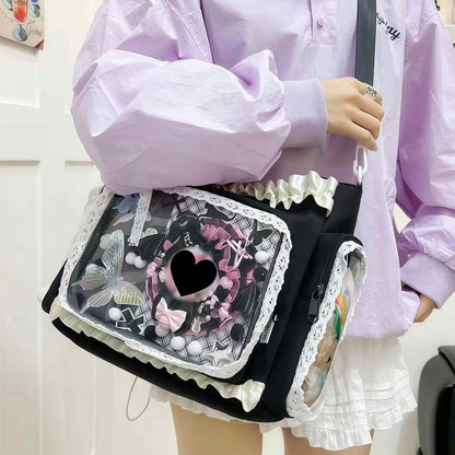 Ita Crossbody Tote Bag, Pin Display With Insert Large Messenger Bag, Cute Tote Bag With Zipper Ruffle, Japanese Aesthetic Y2k