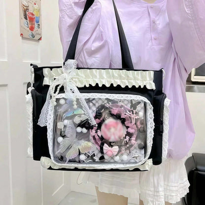 Ita Crossbody Tote Bag, Pin Display With Insert Large Messenger Bag, Cute Tote Bag With Zipper Ruffle, Japanese Aesthetic Y2k