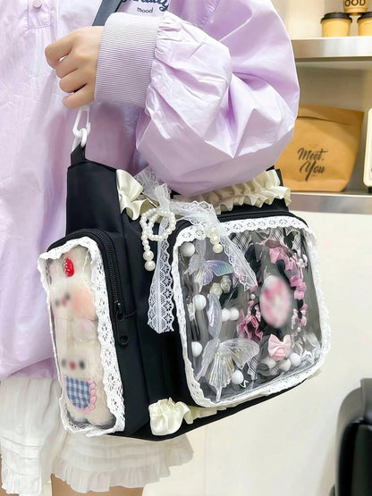 Ita Crossbody Tote Bag, Pin Display With Insert Large Messenger Bag, Cute Tote Bag With Zipper Ruffle, Japanese Aesthetic Y2k