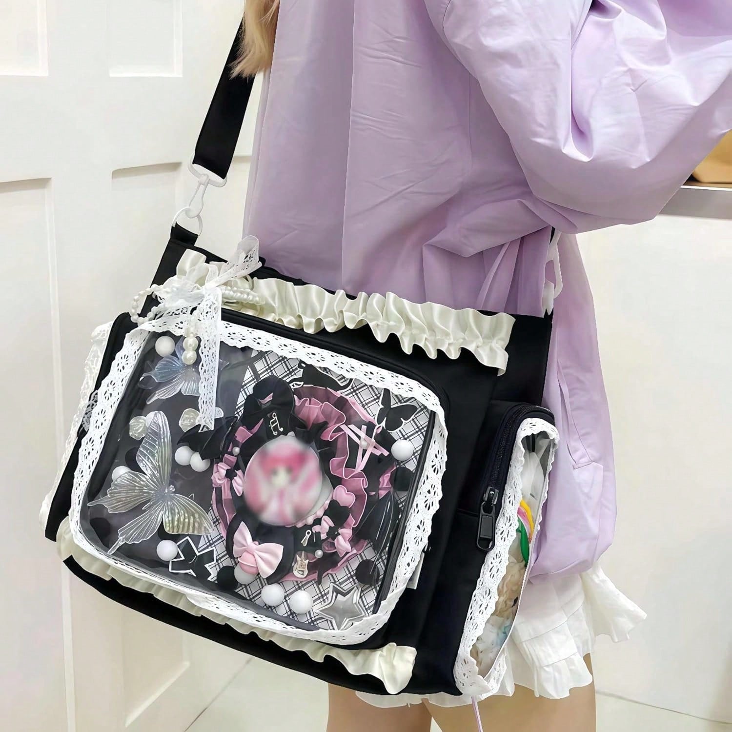 Ita Crossbody Tote Bag, Pin Display With Insert Large Messenger Bag, Cute Tote Bag With Zipper Ruffle, Japanese Aesthetic Y2k