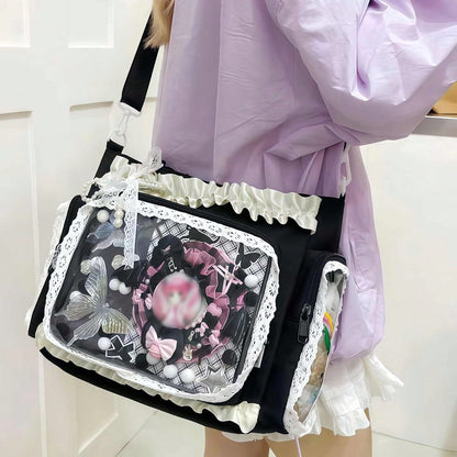 Ita Crossbody Tote Bag, Pin Display With Insert Large Messenger Bag, Cute Tote Bag With Zipper Ruffle, Japanese Aesthetic Y2k