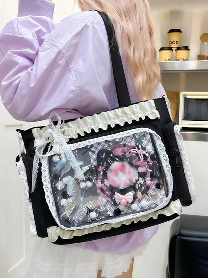 Ita Crossbody Tote Bag, Pin Display With Insert Large Messenger Bag, Cute Tote Bag With Zipper Ruffle, Japanese Aesthetic Y2k