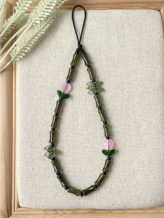 Jade Element 1pc Fashionable Creative Green Bamboo-Shaped Glass Beads And Tulip Flower Charms Phone Lanyard Traditional Auspicious Good Luck Phone Charm Suitable As Gift For Friends And Family Daily W