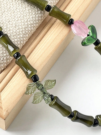 Jade Element 1pc Fashionable Creative Green Bamboo-Shaped Glass Beads And Tulip Flower Charms Phone Lanyard Traditional Auspicious Good Luck Phone Charm Suitable As Gift For Friends And Family Daily W