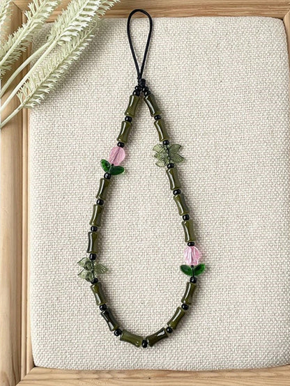 Jade Element 1pc Fashionable Creative Green Bamboo-Shaped Glass Beads And Tulip Flower Charms Phone Lanyard Traditional Auspicious Good Luck Phone Charm Suitable As Gift For Friends And Family Daily W