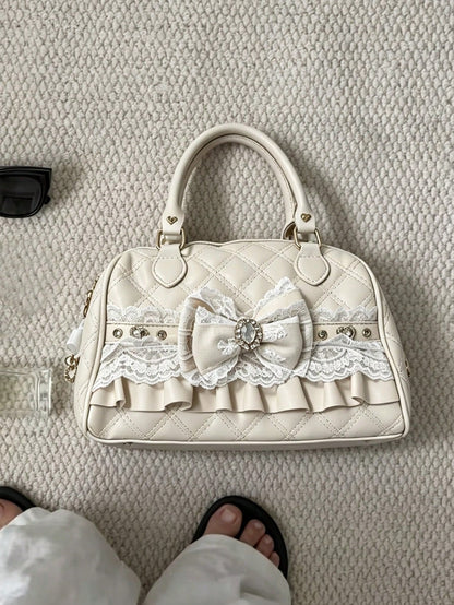 Japanese Niche Design Sweet Lolita Tote Bag, Cute Girl Elegant Commuter Daily Shopping Handbag With Bow And Lace, Crossbody Shoulder Bag