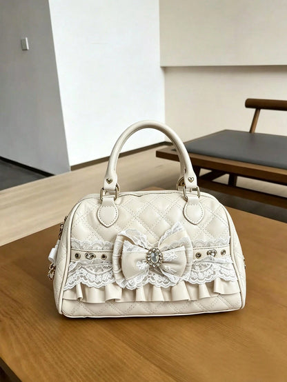 Japanese Niche Design Sweet Lolita Tote Bag, Cute Girl Elegant Commuter Daily Shopping Handbag With Bow And Lace, Crossbody Shoulder Bag