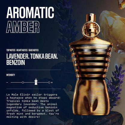 Jean Paul Gaultier Le Male Elixir Parfum- Long Lasting Woody Aromatic Cologne For Men With Lavender, Tonka Bean & Warm Amber- Luxury Elixir Parfum