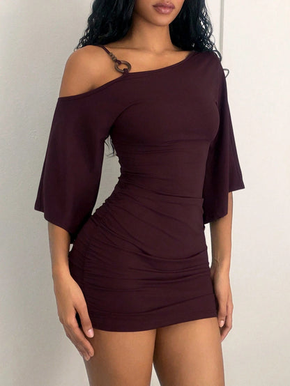 Jeanoix 26 Spring/Summer New Sexy Asymmetric Neck Spaghetti Strap Ring Decor Flared Sleeve Fitted Ruched Mini Dress For Women