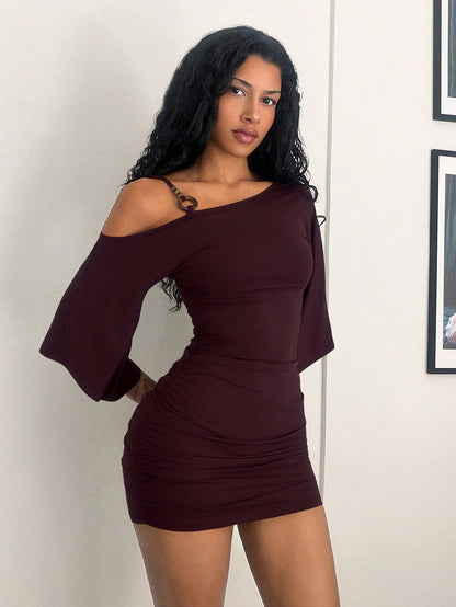 Jeanoix 26 Spring/Summer New Sexy Asymmetric Neck Spaghetti Strap Ring Decor Flared Sleeve Fitted Ruched Mini Dress For Women