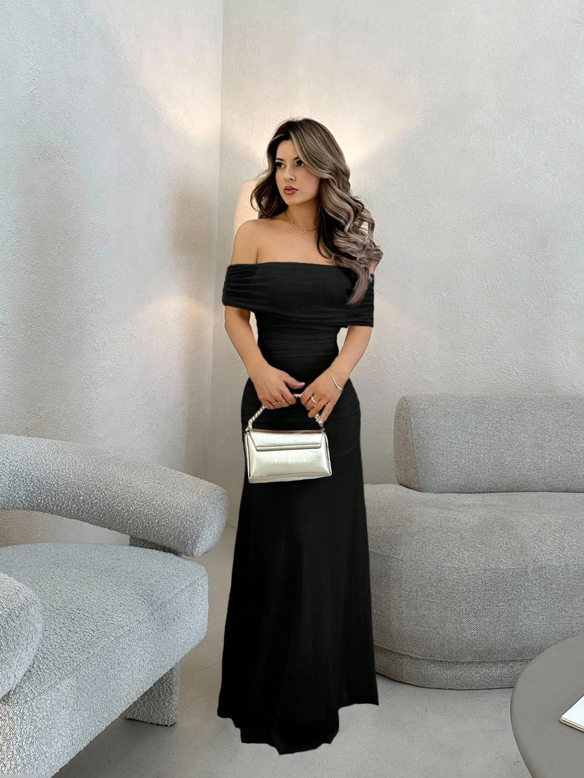 Jemour Women's Elegant Off Shoulder Ruched Waist Dress, Perfect For Wedding, Dates And Occasions