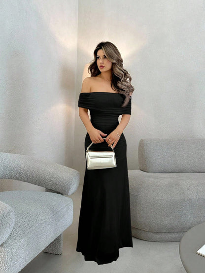 Jemour Women's Elegant Off Shoulder Ruched Waist Dress, Perfect For Wedding, Dates And Occasions