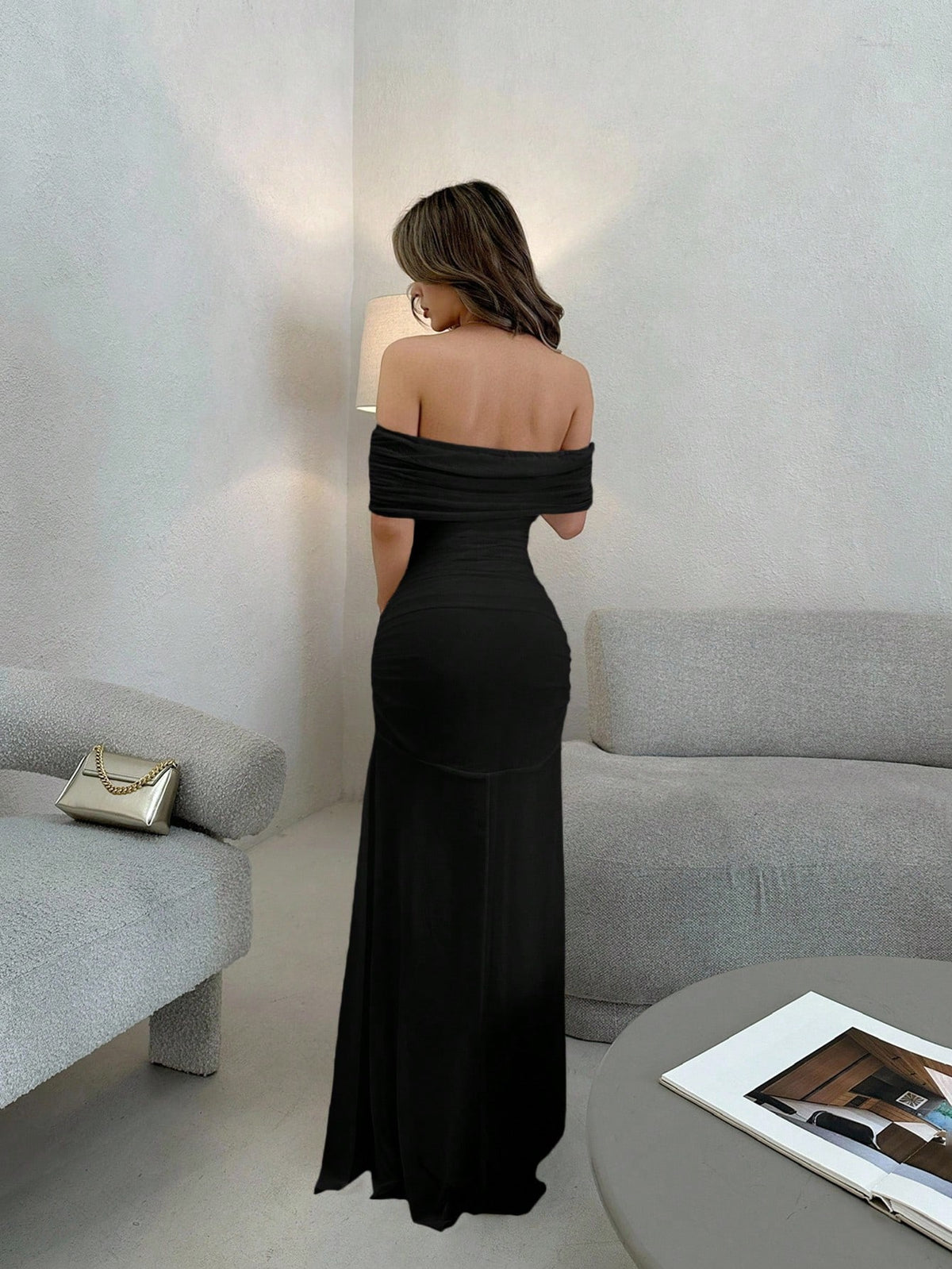 Jemour Women's Elegant Off Shoulder Ruched Waist Dress, Perfect For Wedding, Dates And Occasions