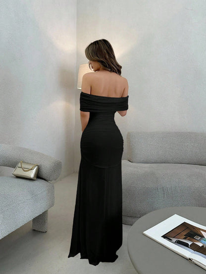 Jemour Women's Elegant Off Shoulder Ruched Waist Dress, Perfect For Wedding, Dates And Occasions