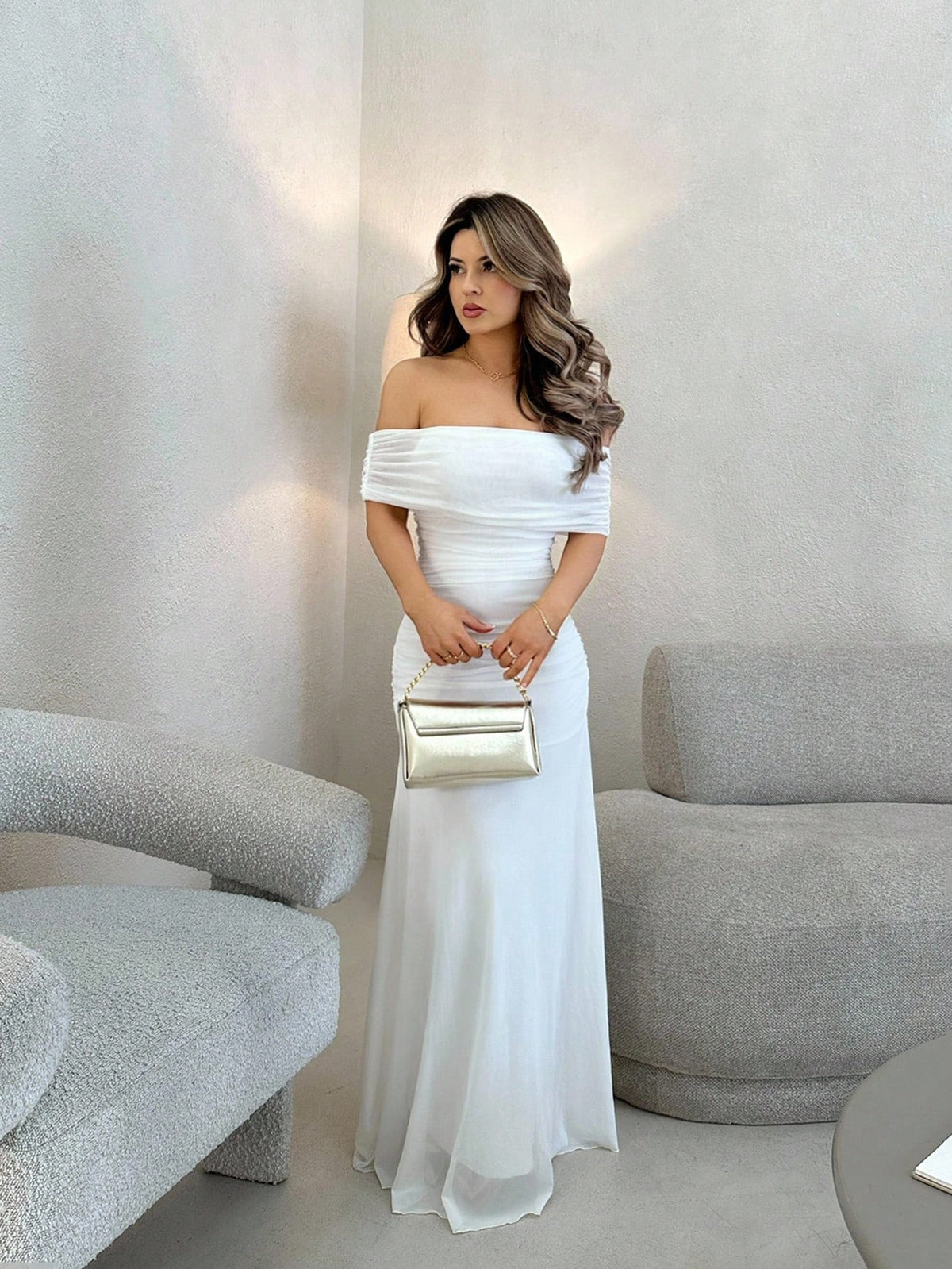 Jemour Women's Elegant Off Shoulder Ruched Waist Dress, Perfect For Wedding, Dates And Occasions