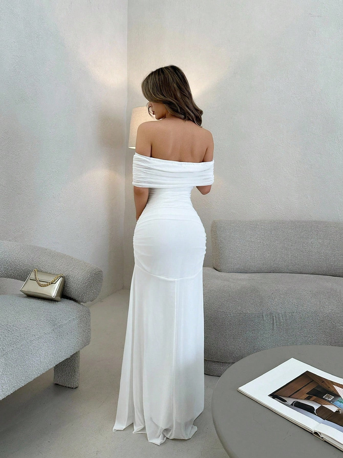 Jemour Women's Elegant Off Shoulder Ruched Waist Dress, Perfect For Wedding, Dates And Occasions