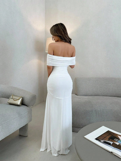 Jemour Women's Elegant Off Shoulder Ruched Waist Dress, Perfect For Wedding, Dates And Occasions
