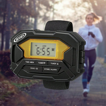 JENSEN SAB-60 Armband Digital AM/FM Stereo Radio With Clock And Earbuds, Black, SAB-60
