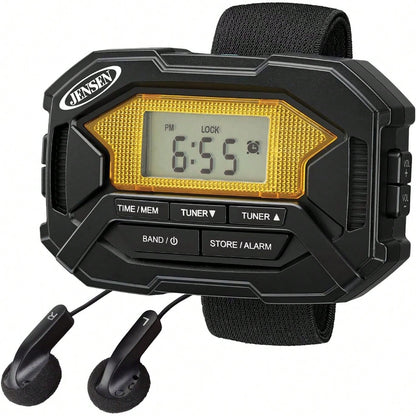 JENSEN SAB-60 Armband Digital AM/FM Stereo Radio With Clock And Earbuds, Black, SAB-60
