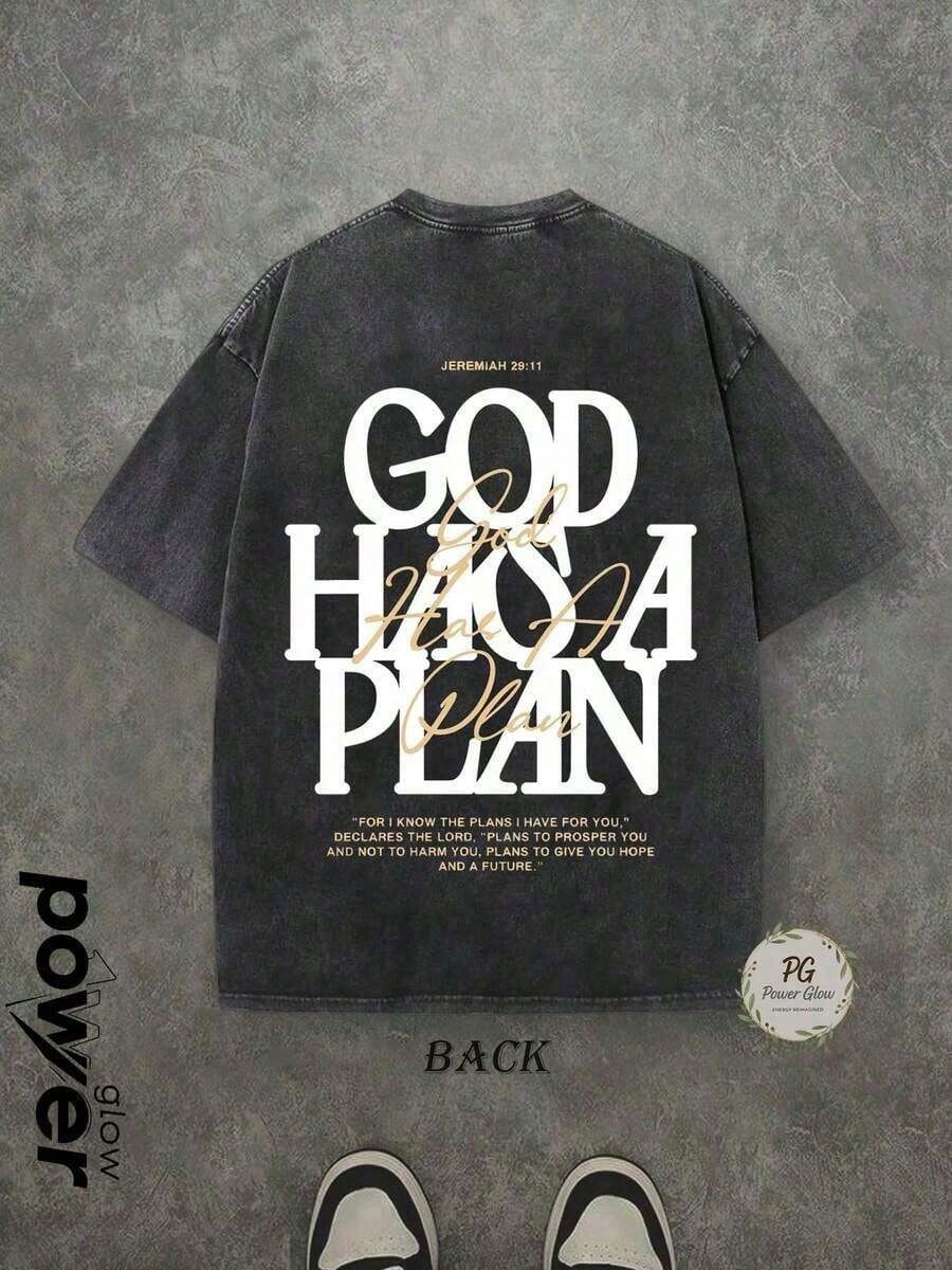 Jesus Tee God Has A Plan Graphic Tee Double-Sided Print Washed T-Shirt Holiday Gifts Y2K Men's Graphic Tees,Street- Style Vintage Washed T-Shirts