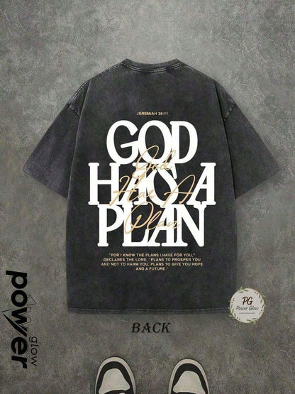 Jesus Tee God Has A Plan Graphic Tee Double-Sided Print Washed T-Shirt Holiday Gifts Y2K Men's Graphic Tees,Street- Style Vintage Washed T-Shirts