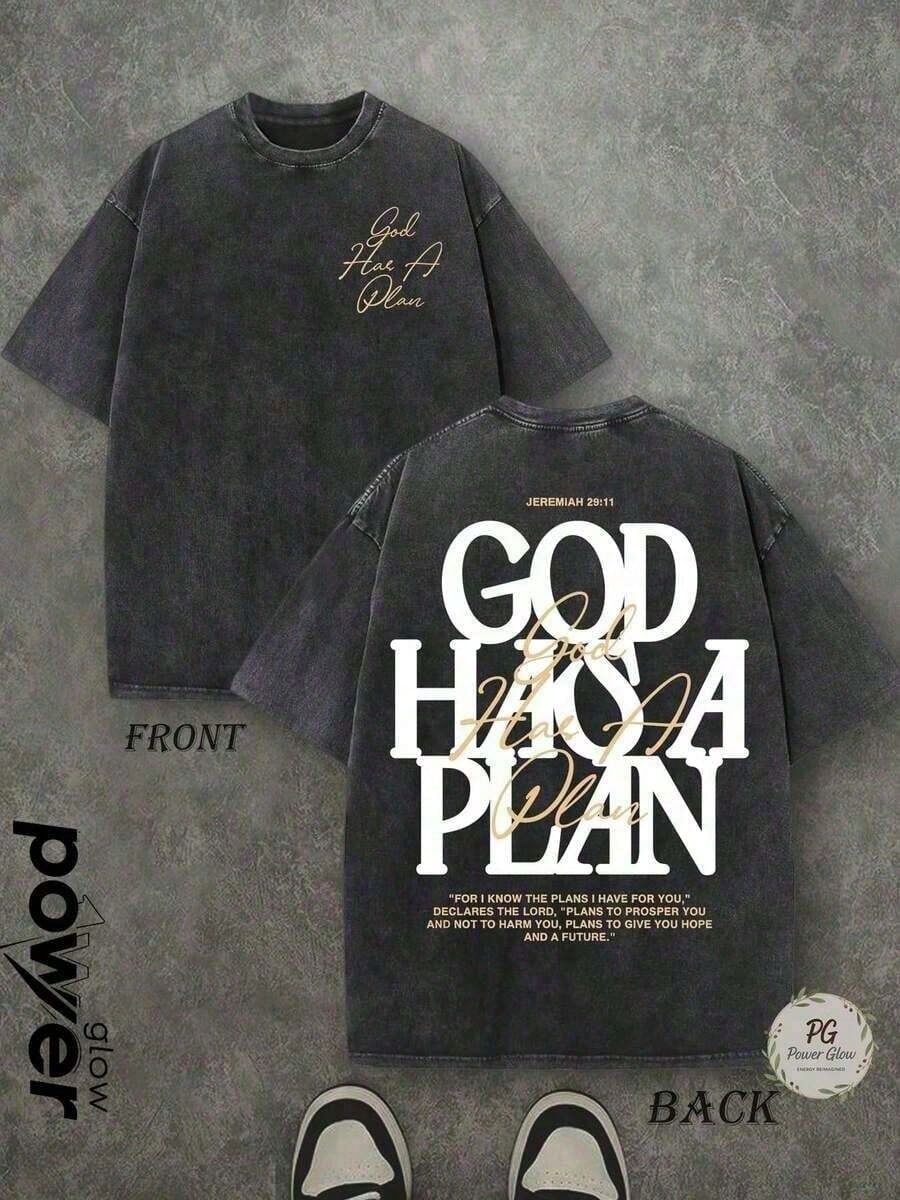 Jesus Tee God Has A Plan Graphic Tee Double-Sided Print Washed T-Shirt Holiday Gifts Y2K Men's Graphic Tees,Street- Style Vintage Washed T-Shirts
