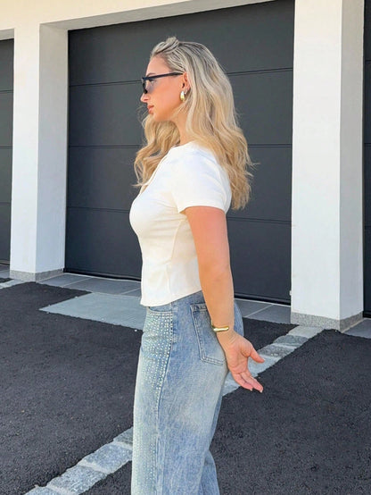 Jeta Ari Ribbed Crew Neck Button Through Short Sleeve T-Shirt Spring Summer Cute Everyday Airport Holiday Fall Back To School Autumn Winter, Breathable