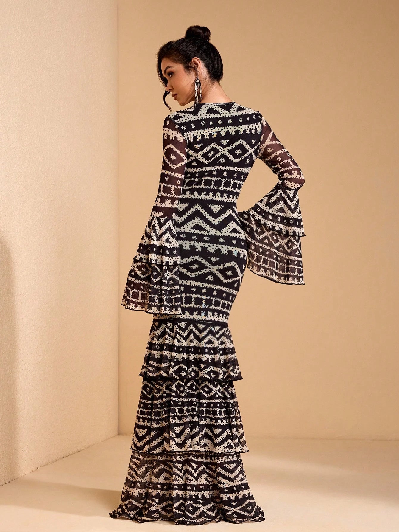 JIAN LASALA All-Over Print Mesh Round Neck Layered Flared Sleeve Women Boho Dress Vacation Casual Holiday