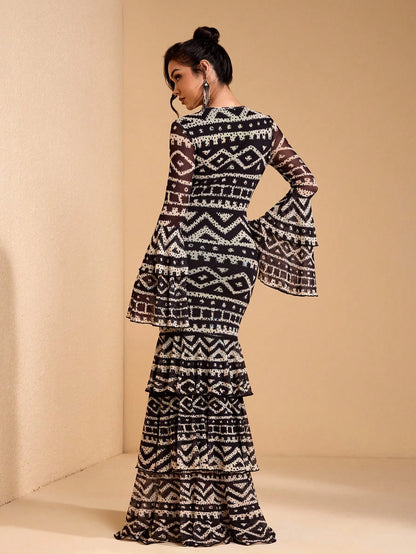 JIAN LASALA All-Over Print Mesh Round Neck Layered Flared Sleeve Women Boho Dress Vacation Casual Holiday