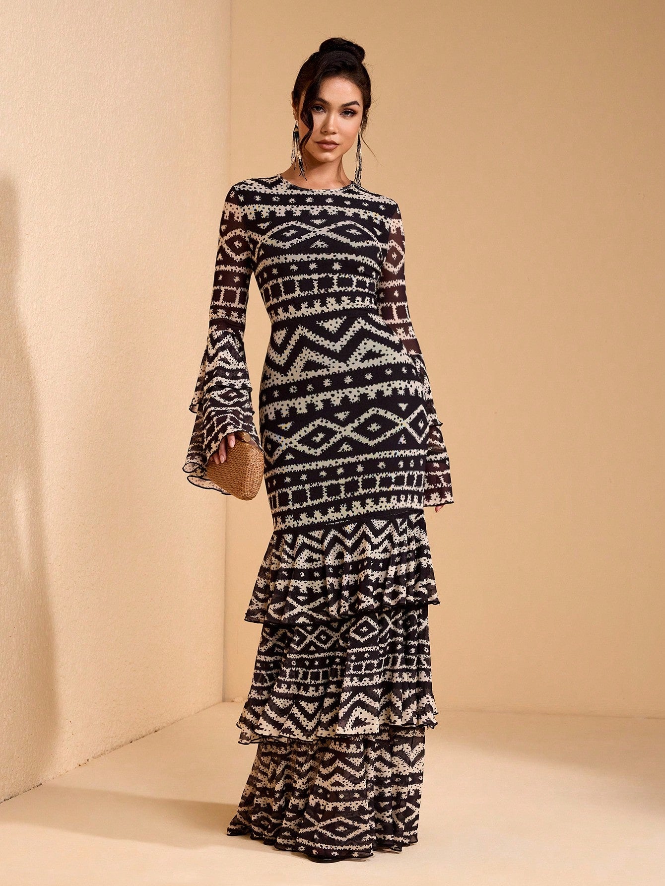 JIAN LASALA All-Over Print Mesh Round Neck Layered Flared Sleeve Women Boho Dress Vacation Casual Holiday