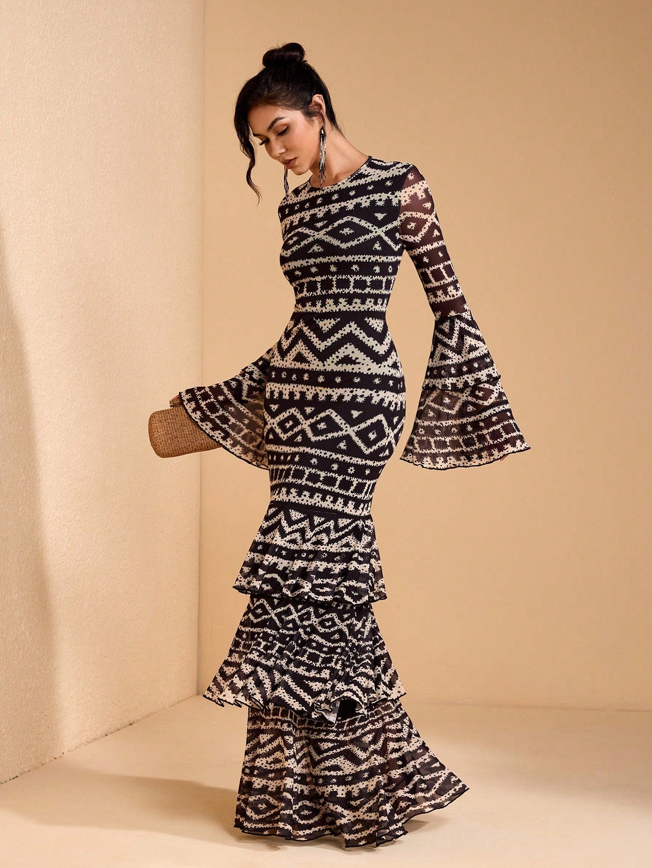 JIAN LASALA All-Over Print Mesh Round Neck Layered Flared Sleeve Women Boho Dress Vacation Casual Holiday