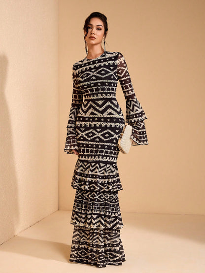 JIAN LASALA All-Over Print Mesh Round Neck Layered Flared Sleeve Women Boho Dress Vacation Casual Holiday