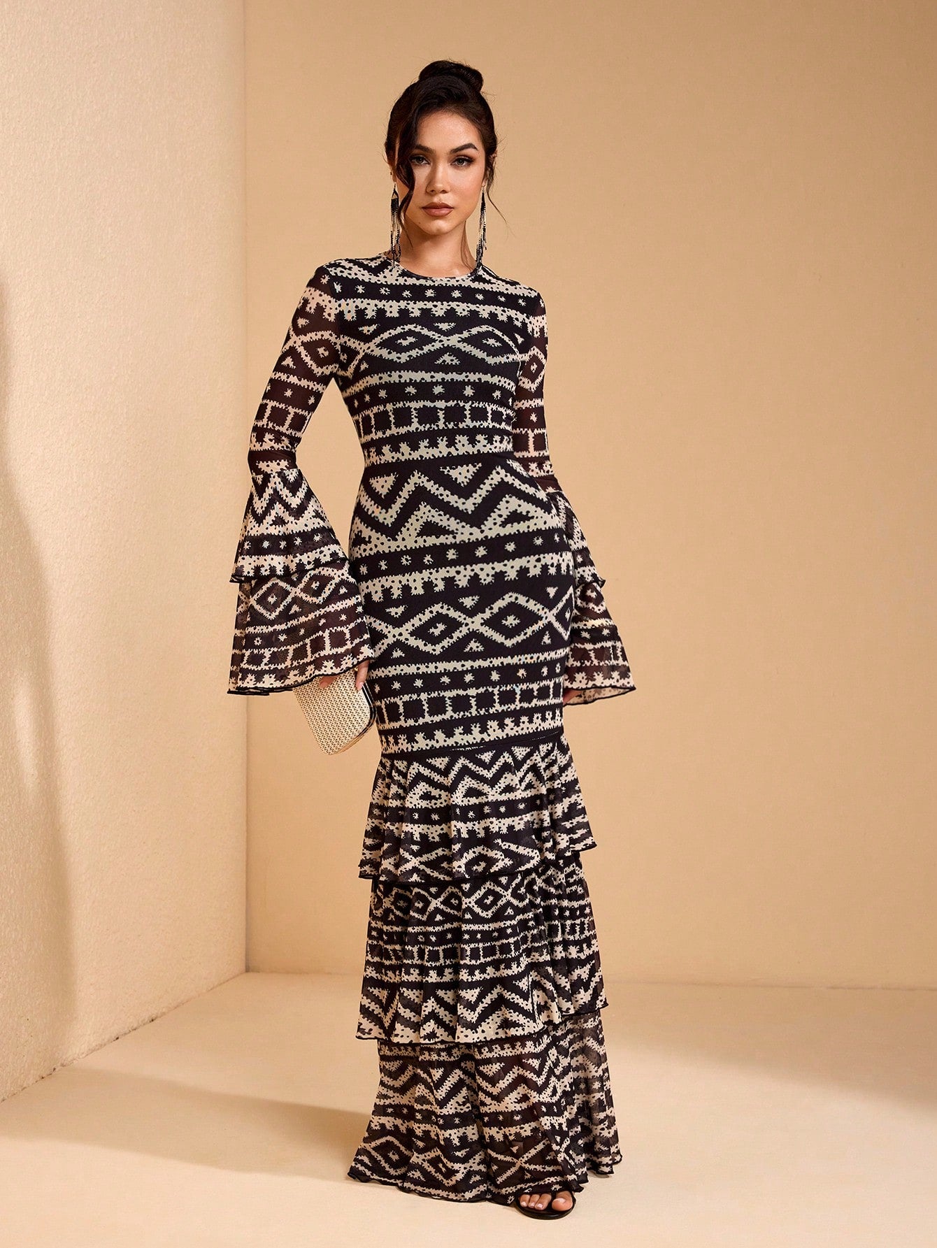 JIAN LASALA All-Over Print Mesh Round Neck Layered Flared Sleeve Women Boho Dress Vacation Casual Holiday