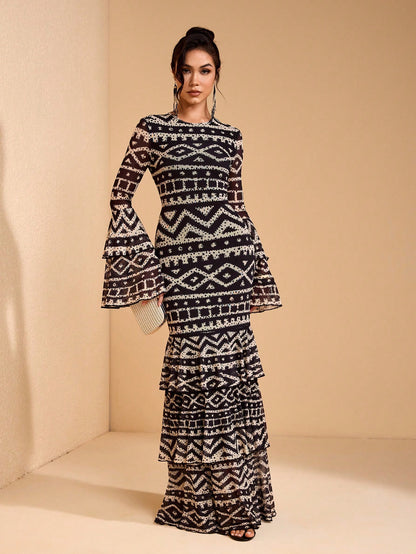 JIAN LASALA All-Over Print Mesh Round Neck Layered Flared Sleeve Women Boho Dress Vacation Casual Holiday