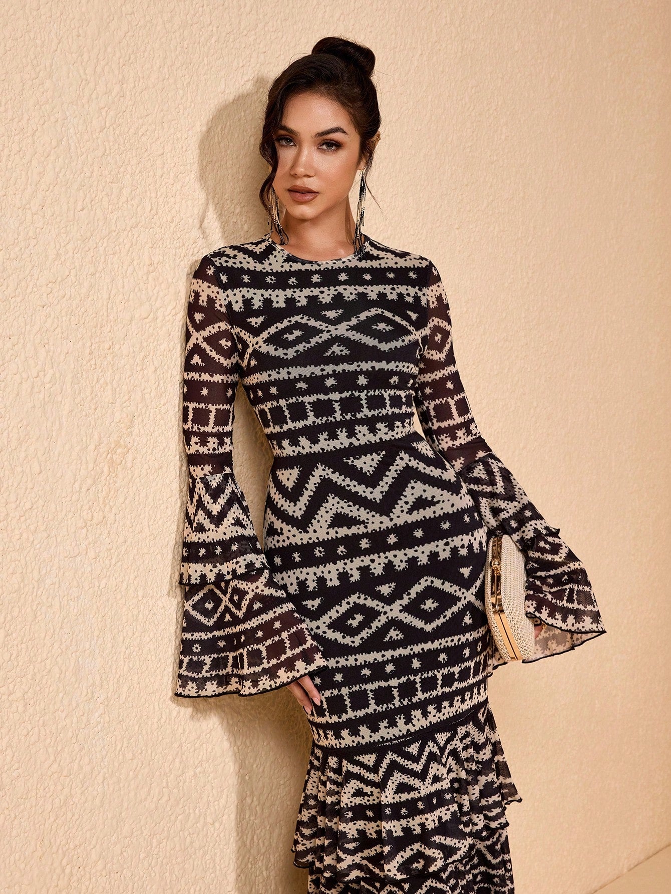 JIAN LASALA All-Over Print Mesh Round Neck Layered Flared Sleeve Women Boho Dress Vacation Casual Holiday