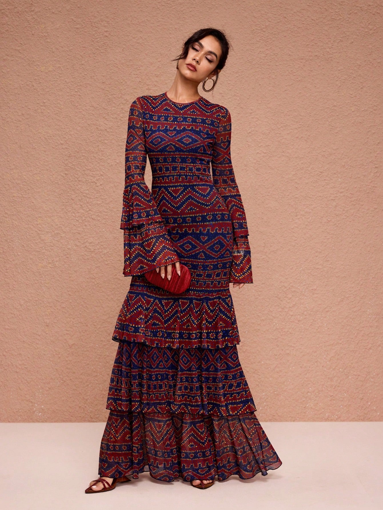 JIAN LASALA All-Over Print Mesh Round Neck Layered Flared Sleeve Women Boho Dress Vacation Casual Holiday