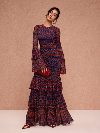 JIAN LASALA All-Over Print Mesh Round Neck Layered Flared Sleeve Women Boho Dress Vacation Casual Holiday