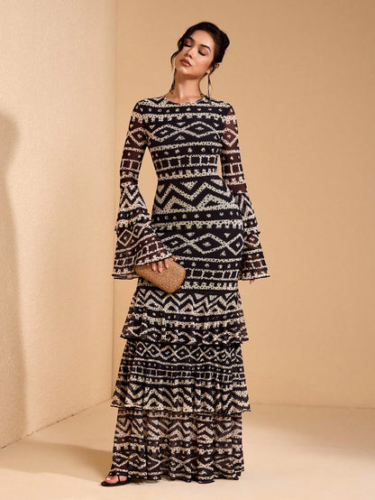 JIAN LASALA All-Over Print Mesh Round Neck Layered Flared Sleeve Women Boho Dress Vacation Casual Holiday