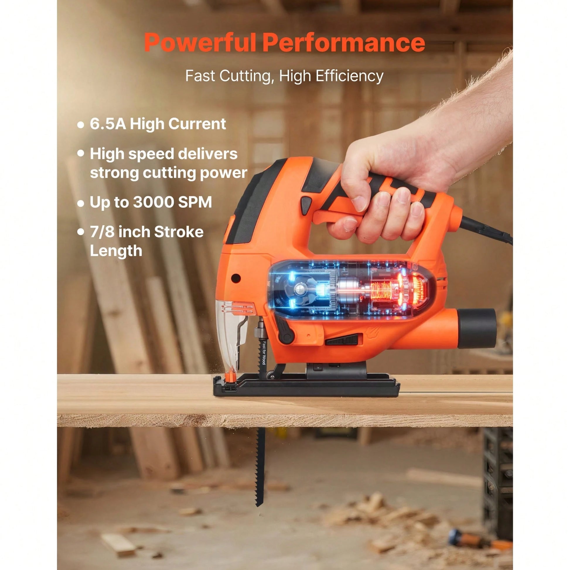 Jig Saw, 6.5 Amp, 3000 SPM Blade Speed, Electric Jigsaw With 6 Pcs Blades, LED Light, 6 Variable Speed, 0- 45° Bevel Cuts, 4 Orbital Settings For Straight/Circle Cutting, For Wood And Metal