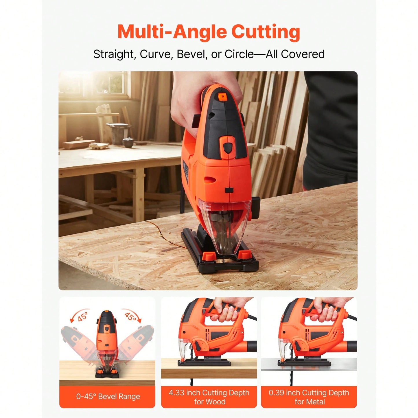 Jig Saw, 6.5 Amp, 3000 SPM Blade Speed, Electric Jigsaw With 6 Pcs Blades, LED Light, 6 Variable Speed, 0- 45° Bevel Cuts, 4 Orbital Settings For Straight/Circle Cutting, For Wood And Metal