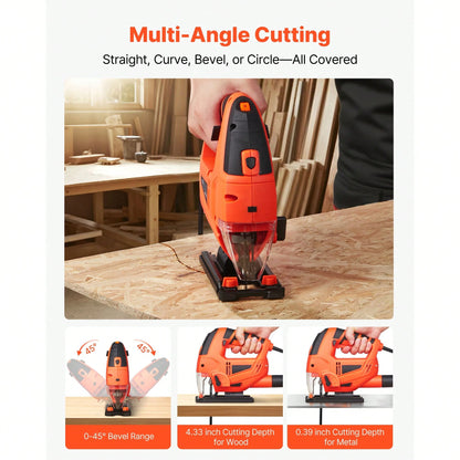 Jig Saw, 6.5 Amp, 3000 SPM Blade Speed, Electric Jigsaw With 6 Pcs Blades, LED Light, 6 Variable Speed, 0- 45° Bevel Cuts, 4 Orbital Settings For Straight/Circle Cutting, For Wood And Metal