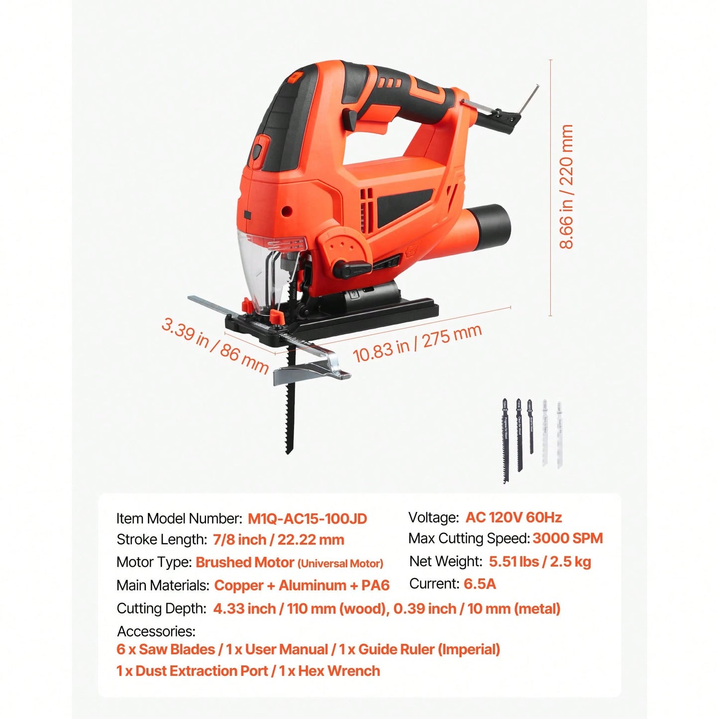 Jig Saw, 6.5 Amp, 3000 SPM Blade Speed, Electric Jigsaw With 6 Pcs Blades, LED Light, 6 Variable Speed, 0- 45° Bevel Cuts, 4 Orbital Settings For Straight/Circle Cutting, For Wood And Metal