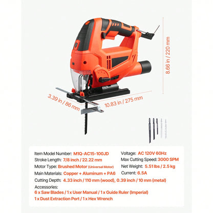 Jig Saw, 6.5 Amp, 3000 SPM Blade Speed, Electric Jigsaw With 6 Pcs Blades, LED Light, 6 Variable Speed, 0- 45° Bevel Cuts, 4 Orbital Settings For Straight/Circle Cutting, For Wood And Metal