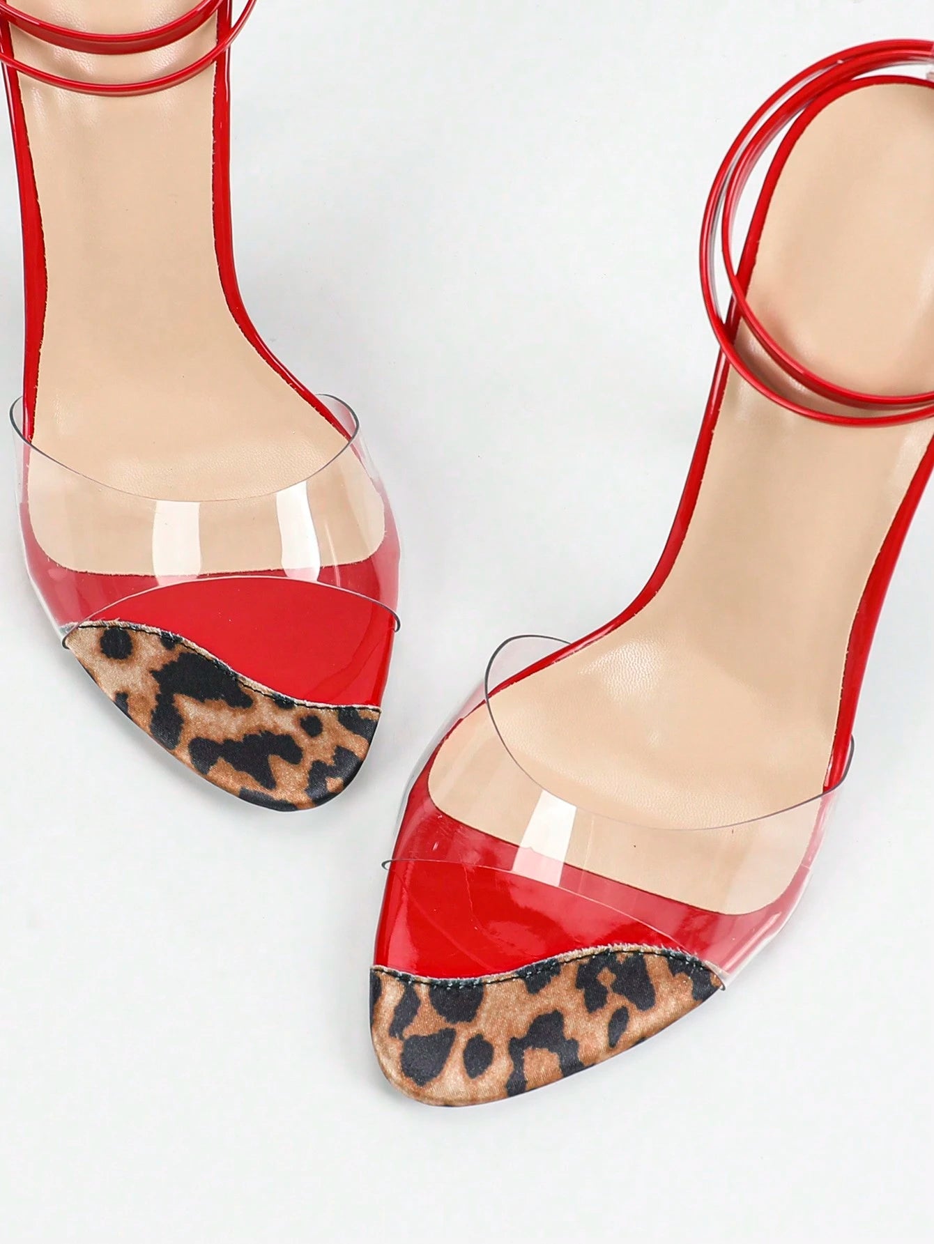 Jin Bei Qi Women's Glossy Leopard Print Transparent Glass Glue Ankle Wrap Buckle Round Toe Open Toe Stiletto High Heel Sandals, Personalized Glamorous Fashion Party Banquet Red High Heels Women's Shoe