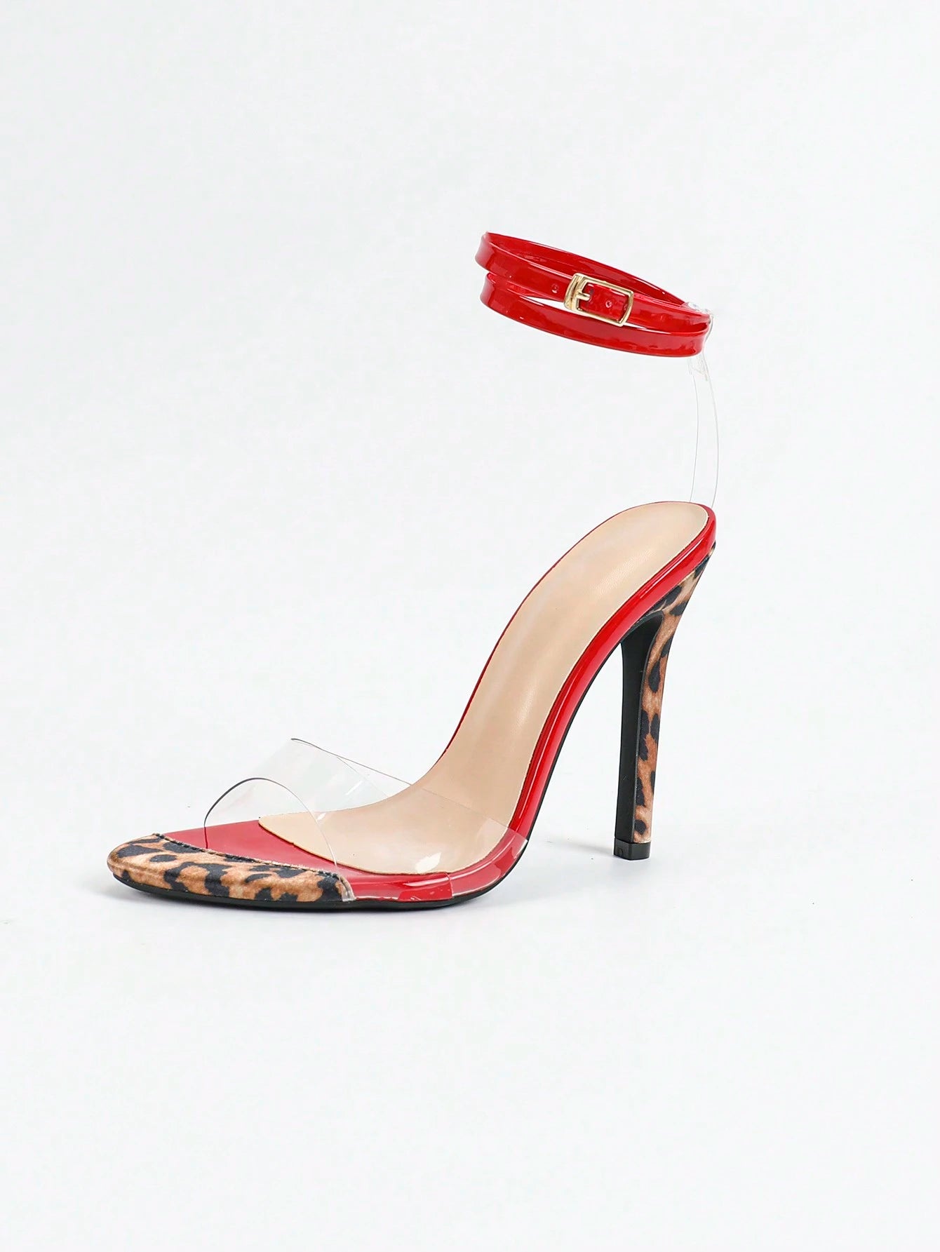 Jin Bei Qi Women's Glossy Leopard Print Transparent Glass Glue Ankle Wrap Buckle Round Toe Open Toe Stiletto High Heel Sandals, Personalized Glamorous Fashion Party Banquet Red High Heels Women's Shoe
