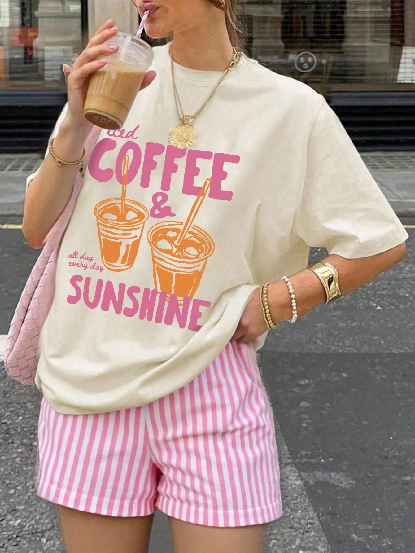 Jouncy Women's Beverage Letter Print T-Shirt And Striped Shorts 2 Pieces Set, Summer