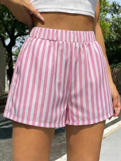 Jouncy Women's Beverage Letter Print T-Shirt And Striped Shorts 2 Pieces Set, Summer